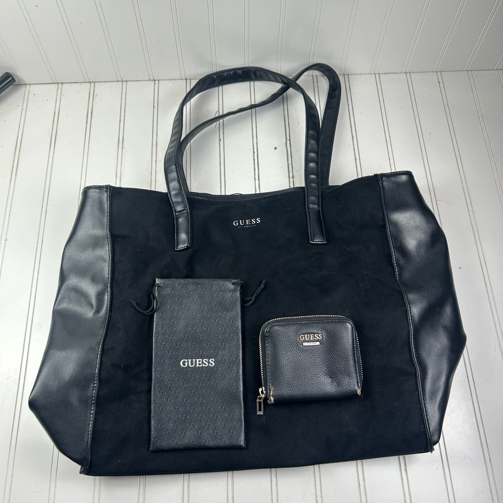 GUESS Y2K Black Suede Large Tote Bag Purse Bundle Wallet Sunglasses Case 3Pc - Picture 2 of 13